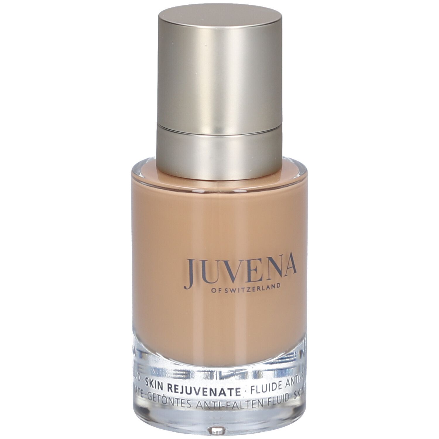 Glasflasche mit silberfarbenem Deckel. Aufschrift: Juvena of Switzerland. Getönte Flüssigkeit. Text unten.