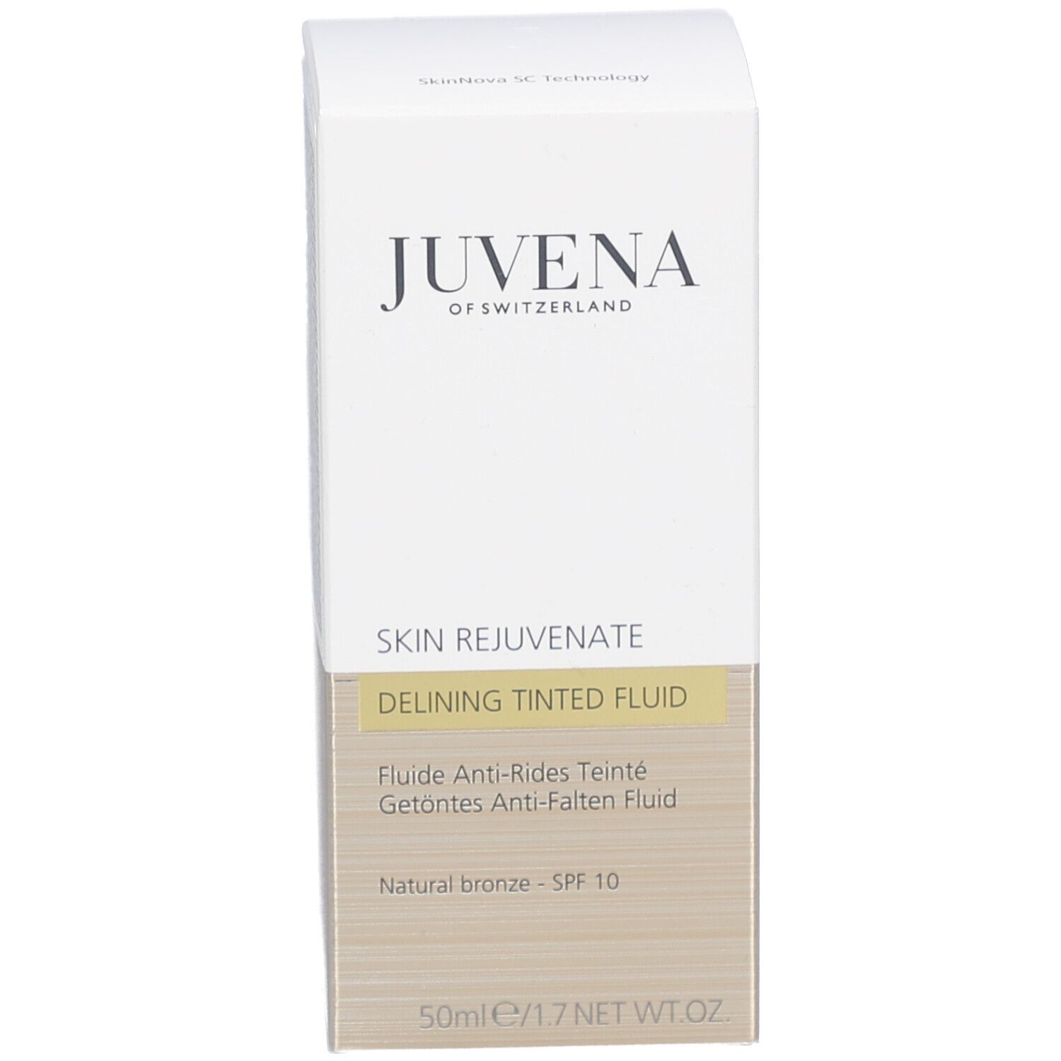 Verpackung. Aufschrift: Juvena of Switzerland. Getönte Flüssigkeit. Natural Bronze. SPF 10. 50ml/1.7 fl.oz.
