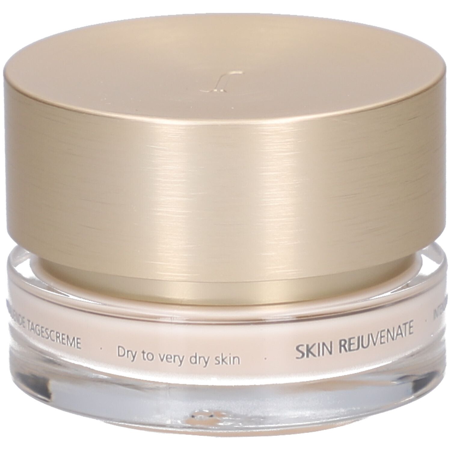 Creme-Glas mit goldfarbenem Deckel. Aufschrift: JUVENA OF SWITZERLAND. Text: SKIN REJUVENATE, Dry to very dry skin.