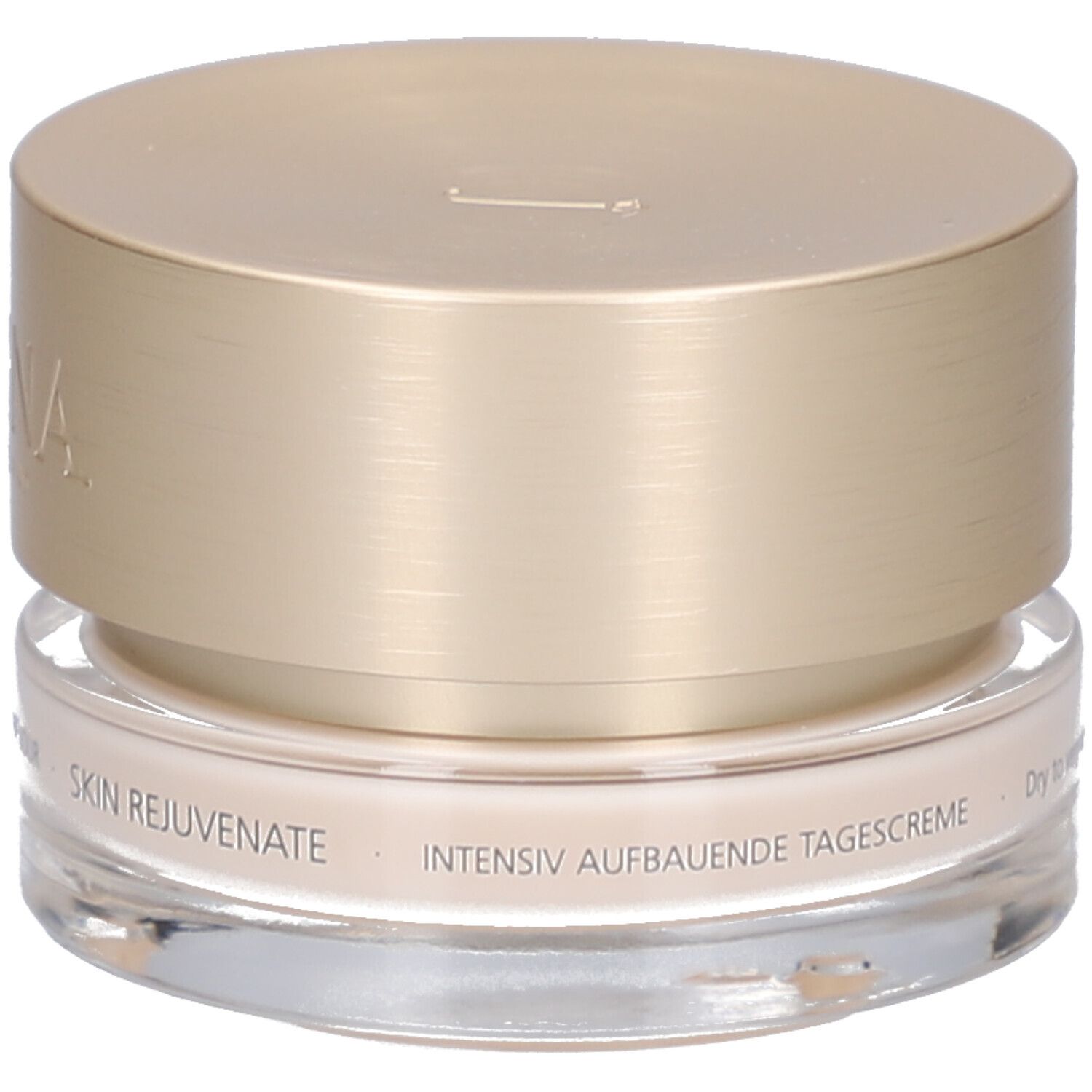 Creme-Glas mit goldfarbenem Deckel. Aufschrift: JUVENA OF SWITZERLAND. Text: INTENSIV AUFBAUENDE TAGESCREME, SKIN REJUVENATE.