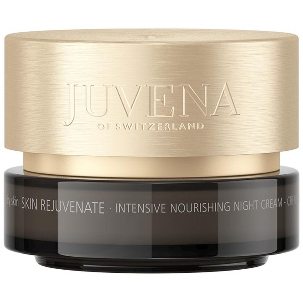 Dunkle Creme-Dose mit goldenem Deckel. Aufschrift: JUVENA OF SWITZERLAND. Text: Intensive Nourishing Night Cream.