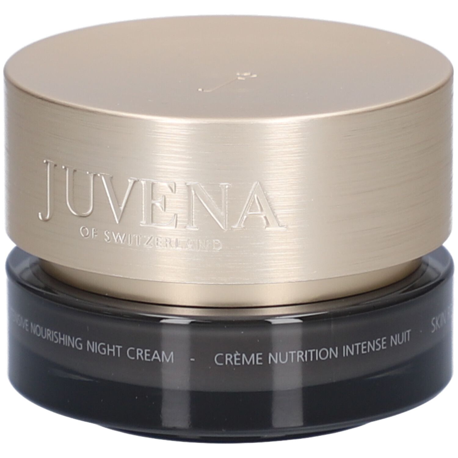 Dunkle Creme-Dose mit goldenem Deckel. Aufschrift: Juvena of Switzerland. Text: Intensive Nourishing Night Cream, Crème Nutrition Intense Nuit.