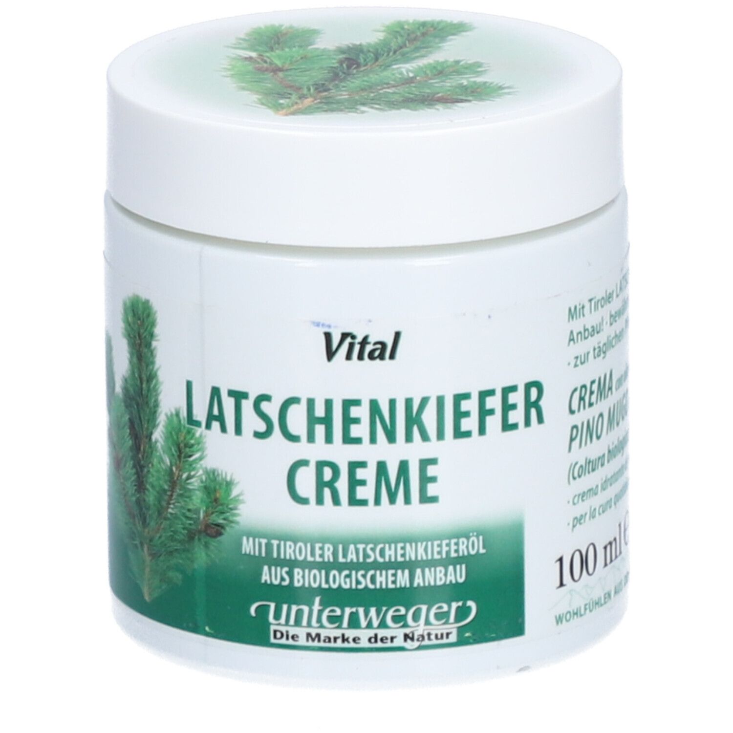 Weiße Dose mit grünem Kiefern-Motiv und Aufschrift 'Latschenkiefer Creme'. Marke: Unterweger.