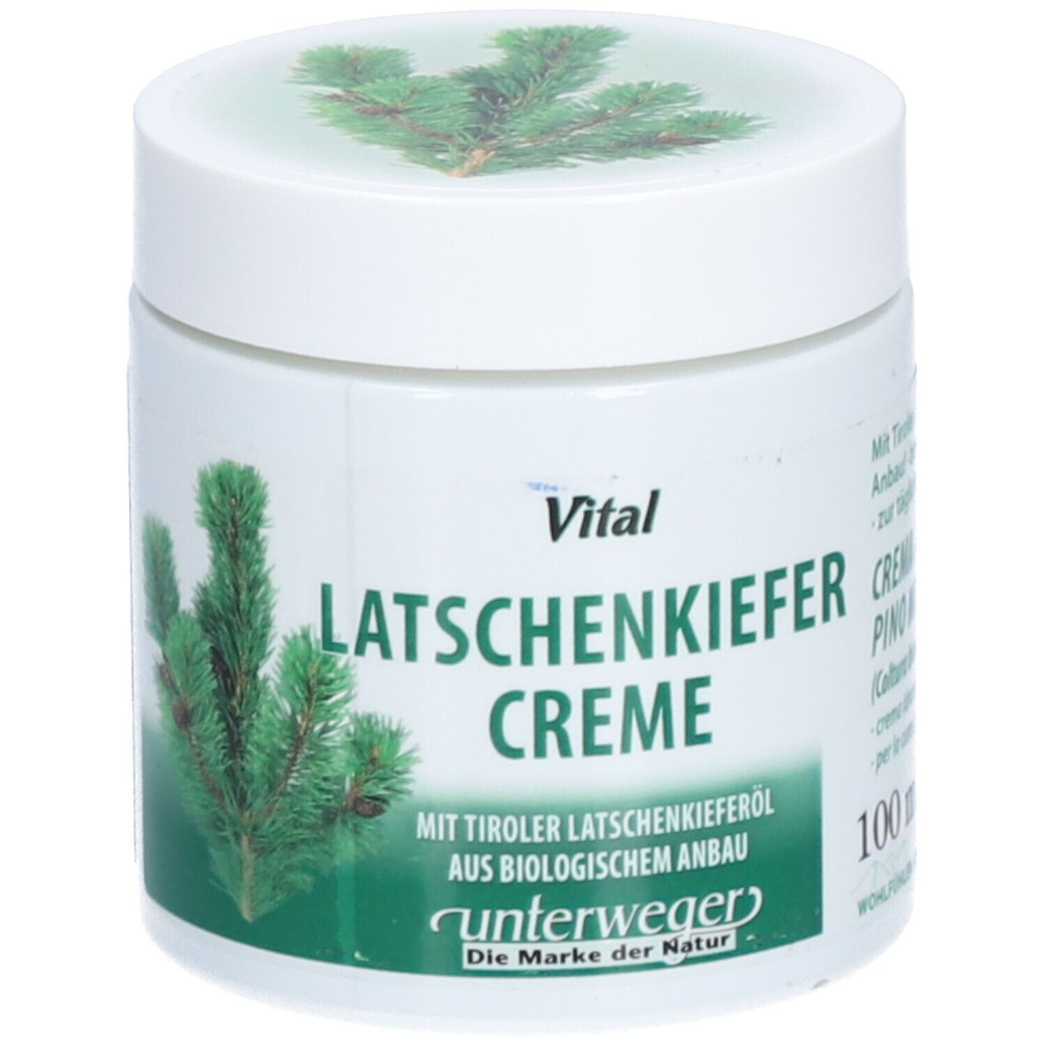 Weiße Dose mit grünem Kiefern-Motiv und Aufschrift 'Latschenkiefer Creme'. Marke: Unterweger.