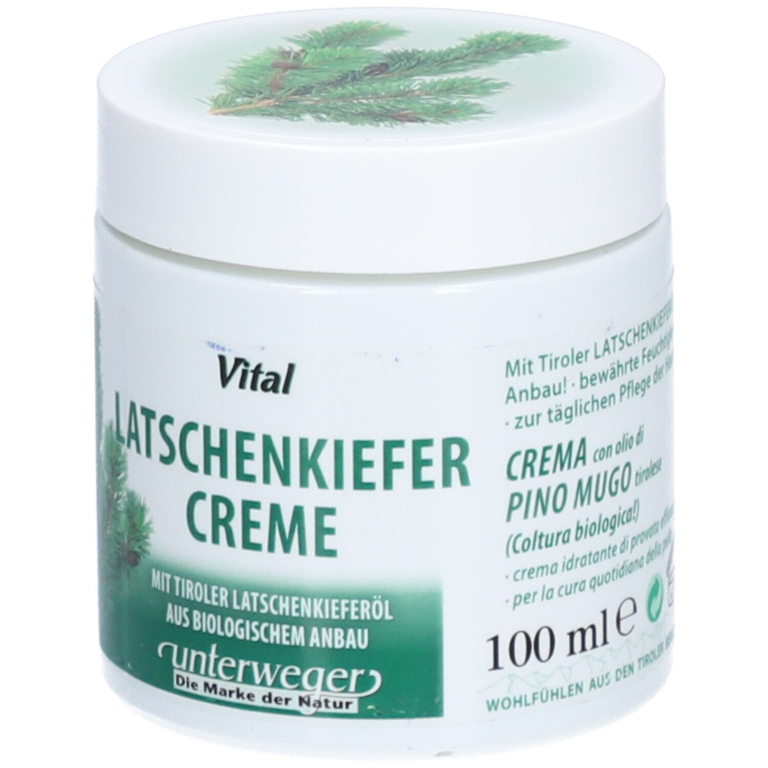 Weiße Dose mit grünem Kiefern-Motiv und Aufschrift 'Latschenkiefer Creme'. 100 ml.
