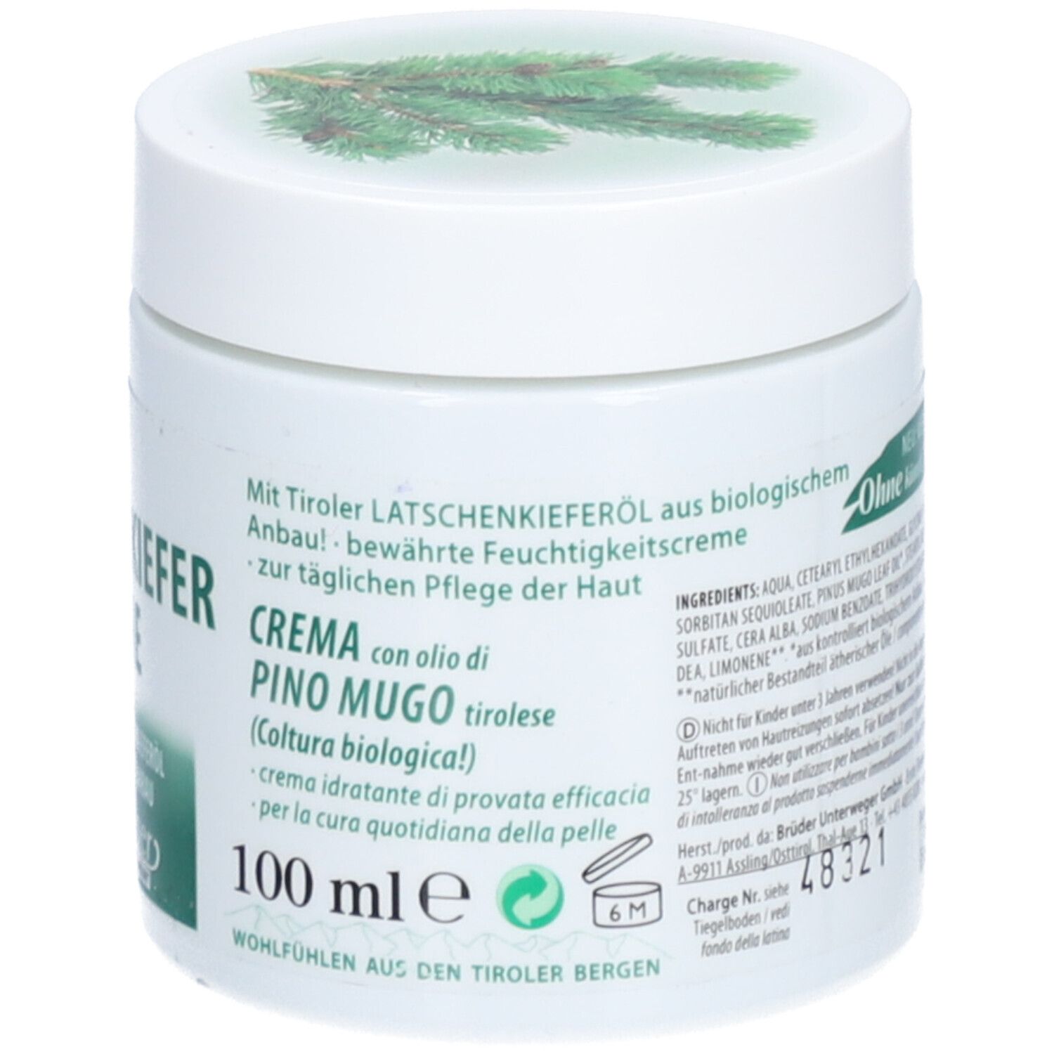 Weiße Dose mit grünem Kiefern-Motiv und Aufschrift 'Latschenkiefer Creme'. 100 ml.