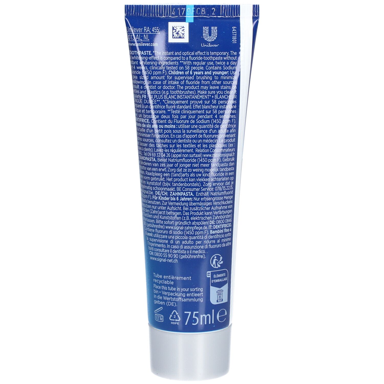 Rückseite der Zahncreme-Tube. Text in mehreren Sprachen. Enthält Informationen zu Inhaltsstoffen und Anwendung.