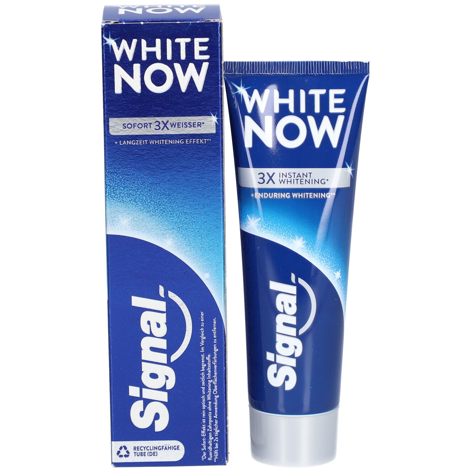 Zahncreme-Tube und Schachtel. Aufschrift: WHITE NOW, Signal. Sofort 3X weisser. Langzeit Whitening Effekt.
