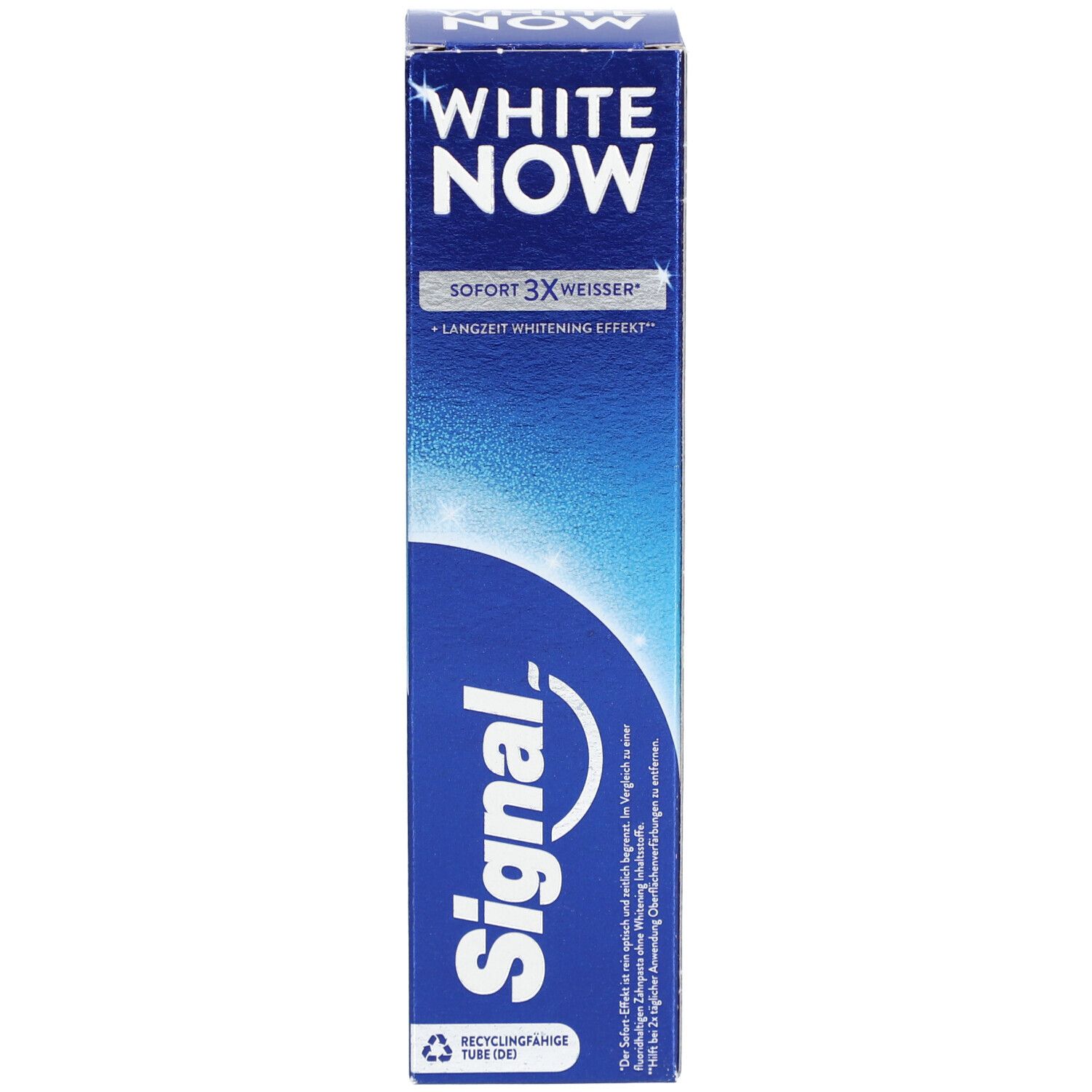 Schachtel mit Zahncreme. Aufschrift: WHITE NOW, Signal. Sofort 3X weisser. Langzeit Whitening Effekt.
