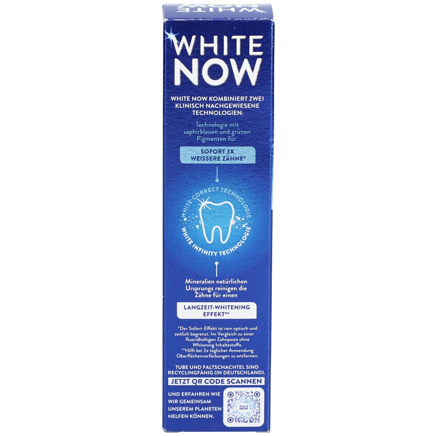 Schachtel mit Zahncreme. Aufschrift: WHITE NOW. Enthält Informationen zur Technologie und Inhaltsstoffen.