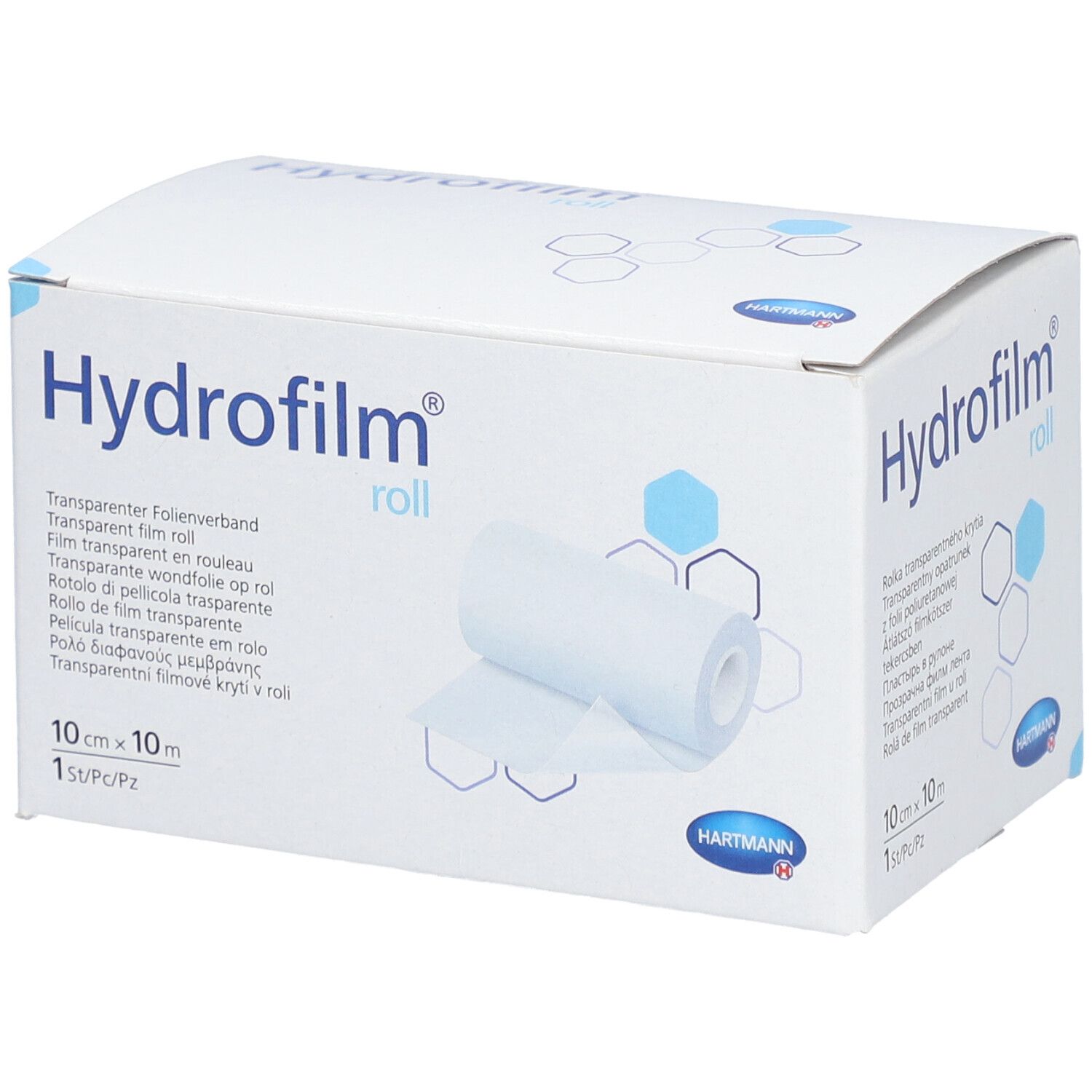 Weißer Karton mit Produktaufdruck Hydrofilm roll. Rolle transparenten Folienverbands sichtbar. 10cm x 10m. HARTMANN Logo.