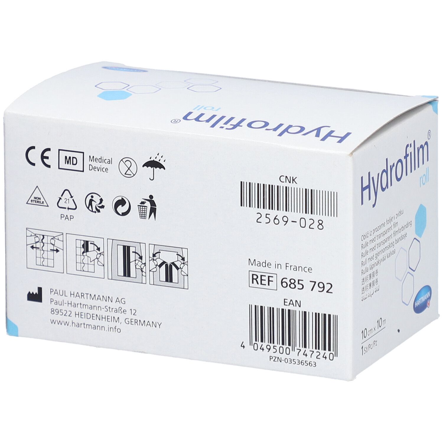Rückseite eines weißen Kartons mit Produktinformationen. CE-Kennzeichnung, MD-Symbol, Recycling-Symbole. REF 685 792. EAN-Code.