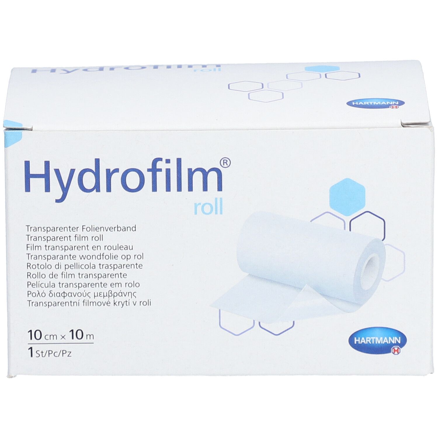 Weißer Karton mit Produktaufdruck Hydrofilm roll. Rolle transparenten Folienverbands sichtbar. 10cm x 10m. HARTMANN Logo.