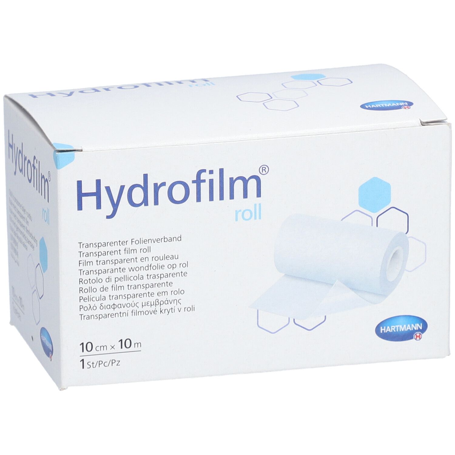 Weißer Karton mit Produktaufdruck Hydrofilm roll. Rolle transparenten Folienverbands sichtbar. 10cm x 10m. HARTMANN Logo.