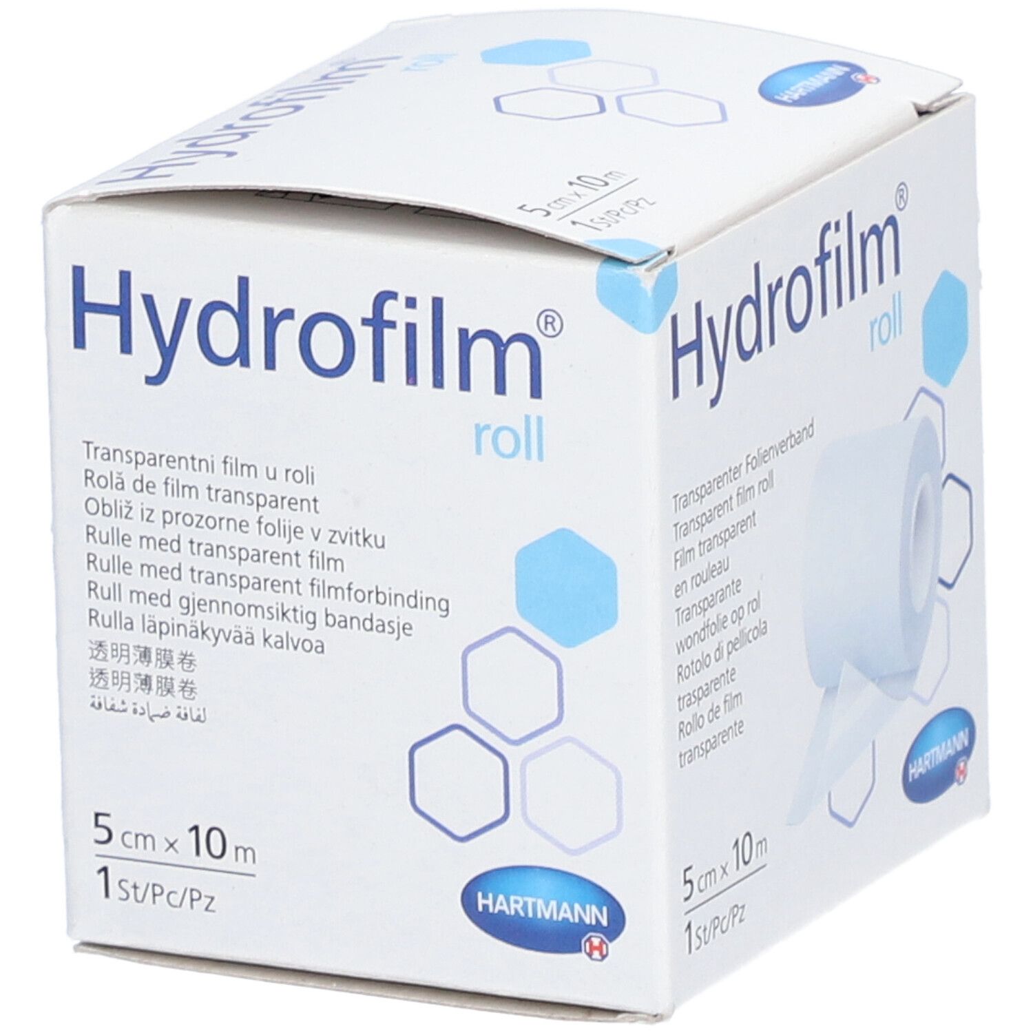 Verpackung von Hydrofilm roll. Aufdruck: 5 cm x 10 m, 1 St/Pc/Pz. Rolle transparenten Folienverbands sichtbar.
