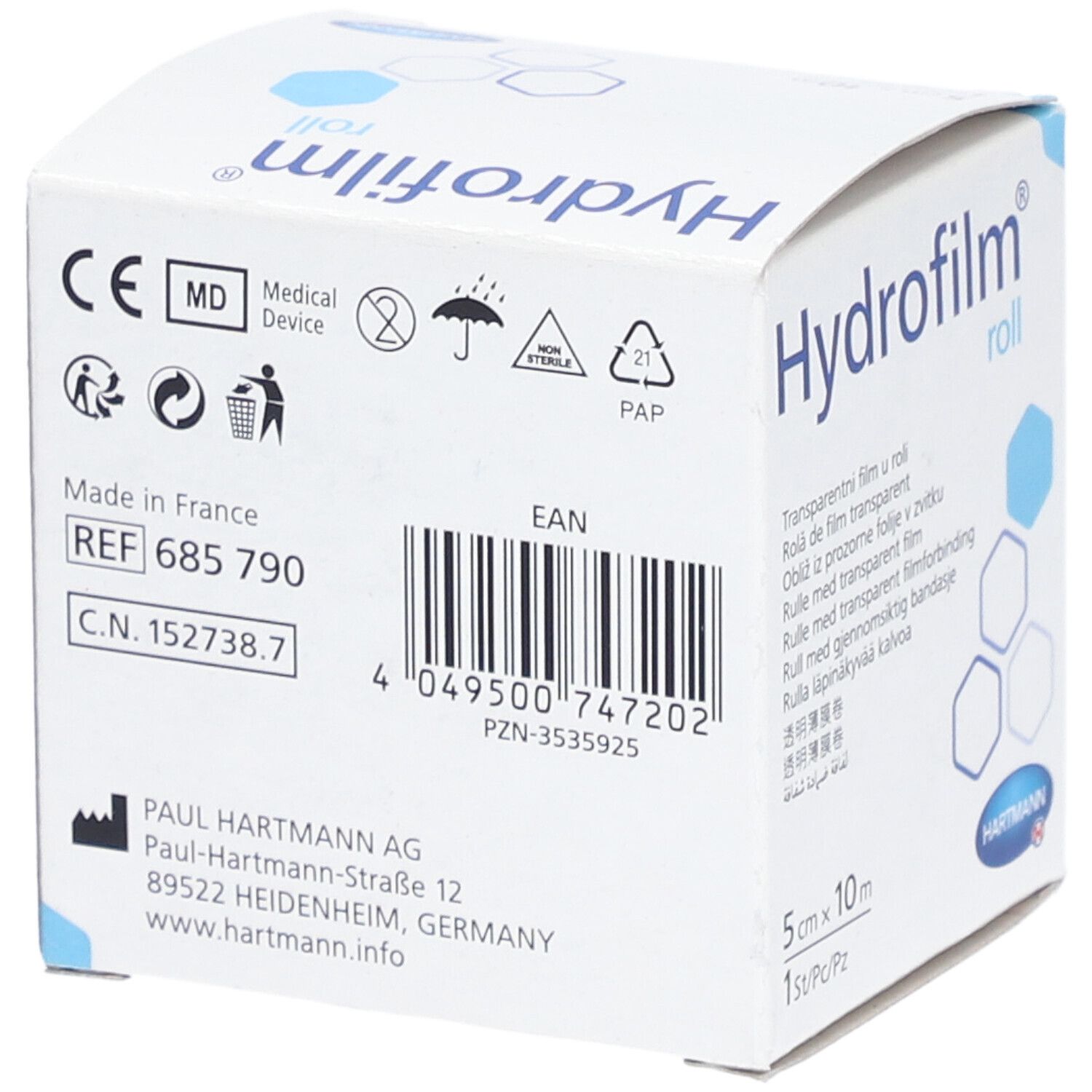 Rückseite der Hydrofilm roll Verpackung. Aufdruck: CE, MD, REF 685 790, C.N. 152738.7, Made in France, EAN-Code.