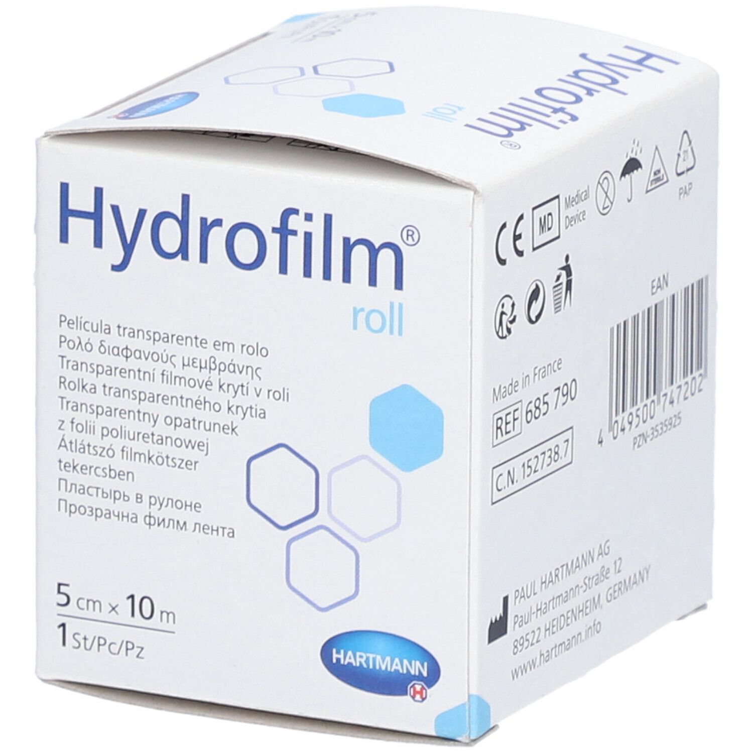 Rückseite der Hydrofilm roll Verpackung. Aufdruck: CE, MD, REF 685 790, C.N. 152738.7, Made in France, EAN-Code.