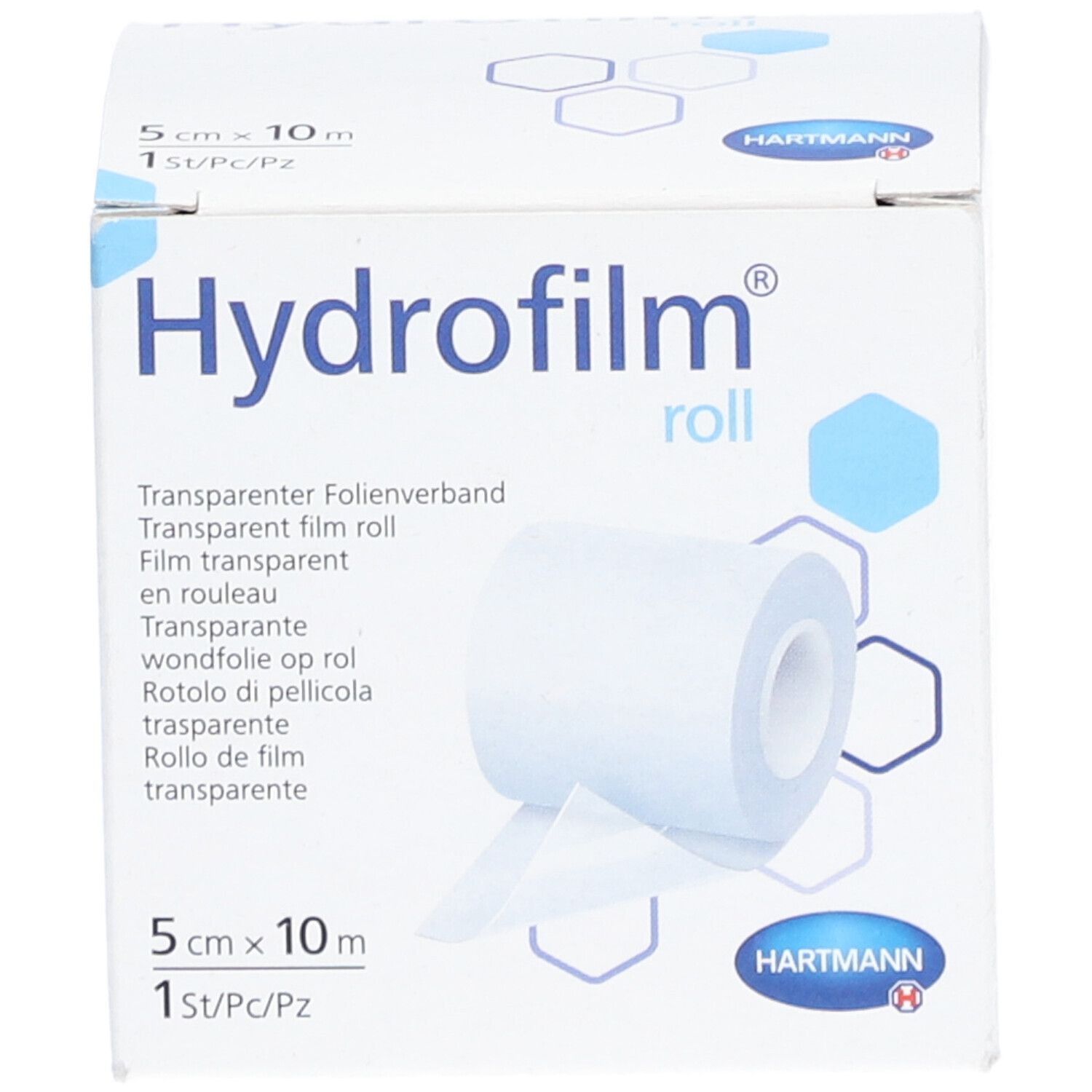 Verpackung von Hydrofilm Rolle. Aufdruck: 5 cm x 10 m, 1 St/Pc/Pz. Rolle transparenten Folienverbands sichtbar.