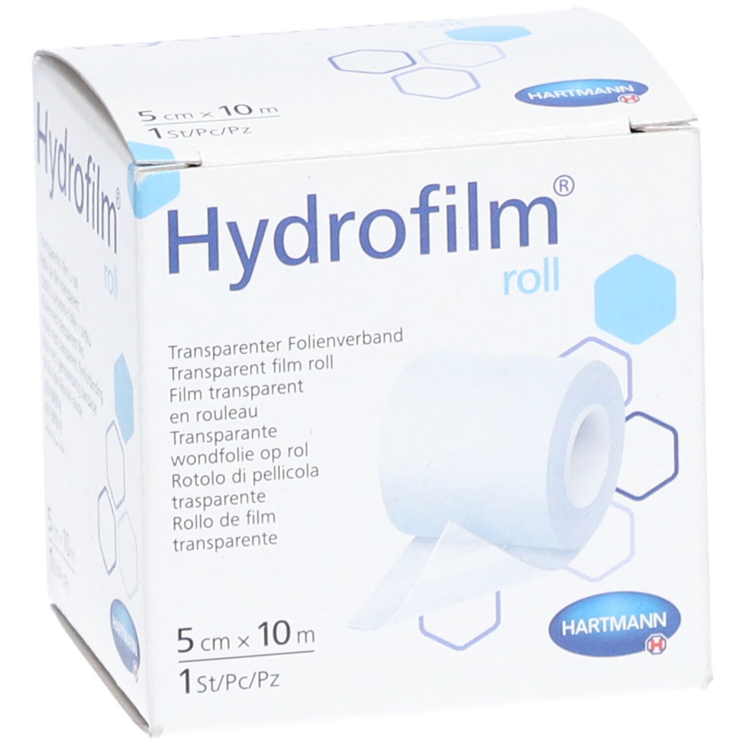 Verpackung von Hydrofilm Rolle. Aufdruck: 5 cm x 10 m, 1 St/Pc/Pz. Rolle transparenten Folienverbands sichtbar.