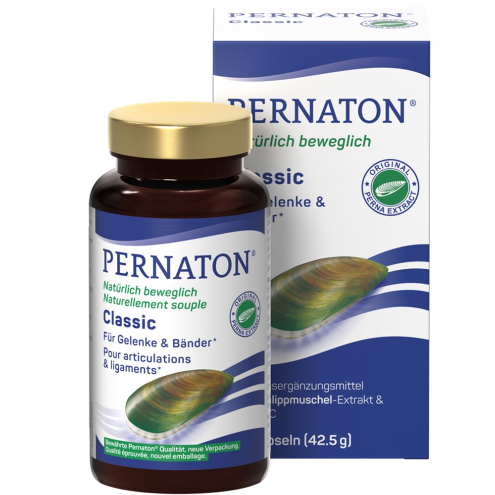 Braune Kapsel-Dose und Schachtel. Aufschrift PERNATON Classic. Grünlippmuschel-Extrakt.