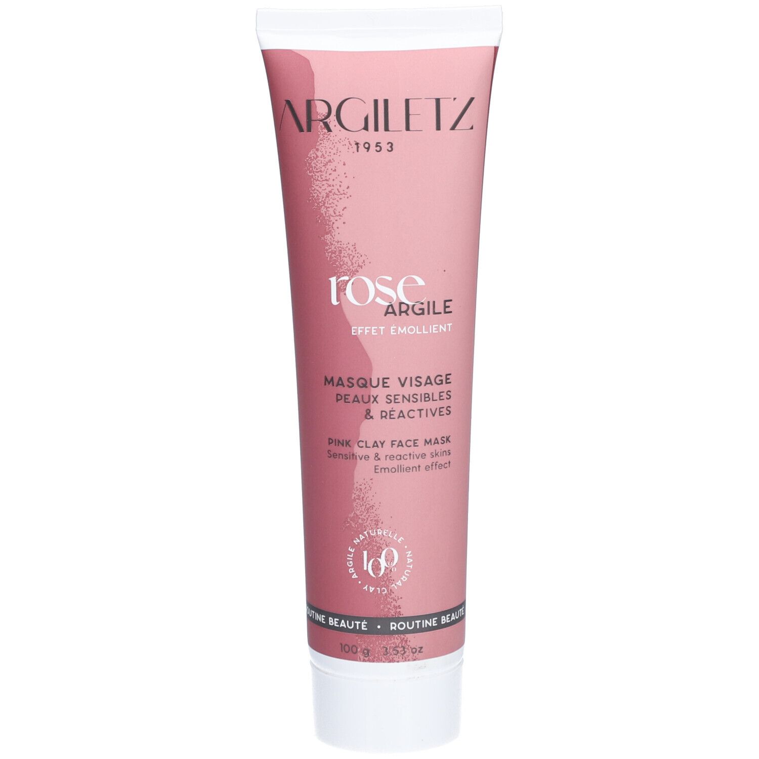 Rosa Tube mit weißem Deckel. Aufschrift: ARGILETZ, rosa Argile, Masque Visage, Peaux Sensibles & Reactives.