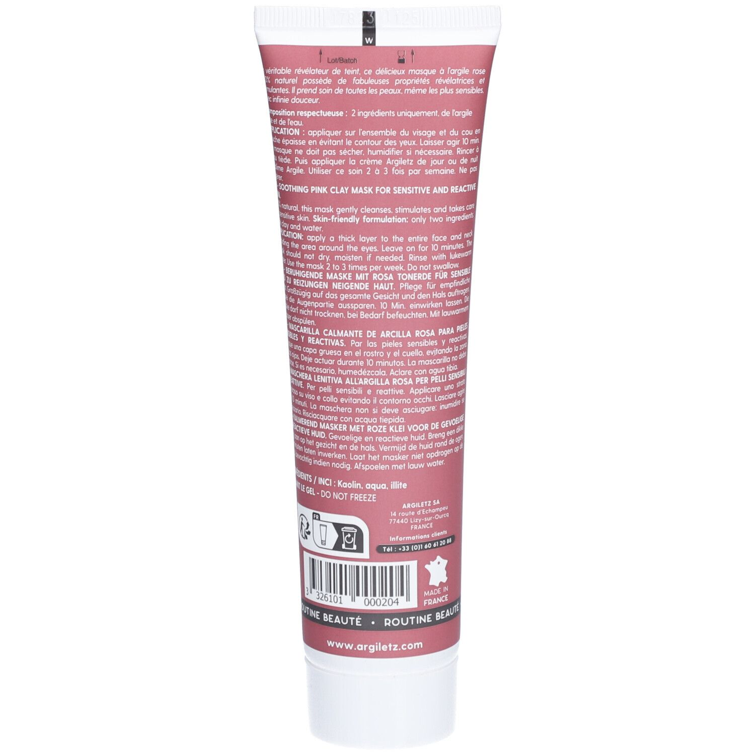 Rückseite der rosa Tube. Text in mehreren Sprachen. Weißer Deckel. Aufschrift: ARGILETZ, Made in France.