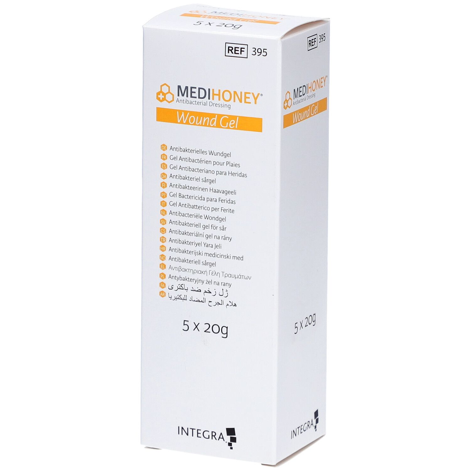 Weiße Verpackung mit MEDIHONEY® Logo und Aufschrift "Wound Gel". Enthält 5 x 20g. Mehrsprachige Auflistung.