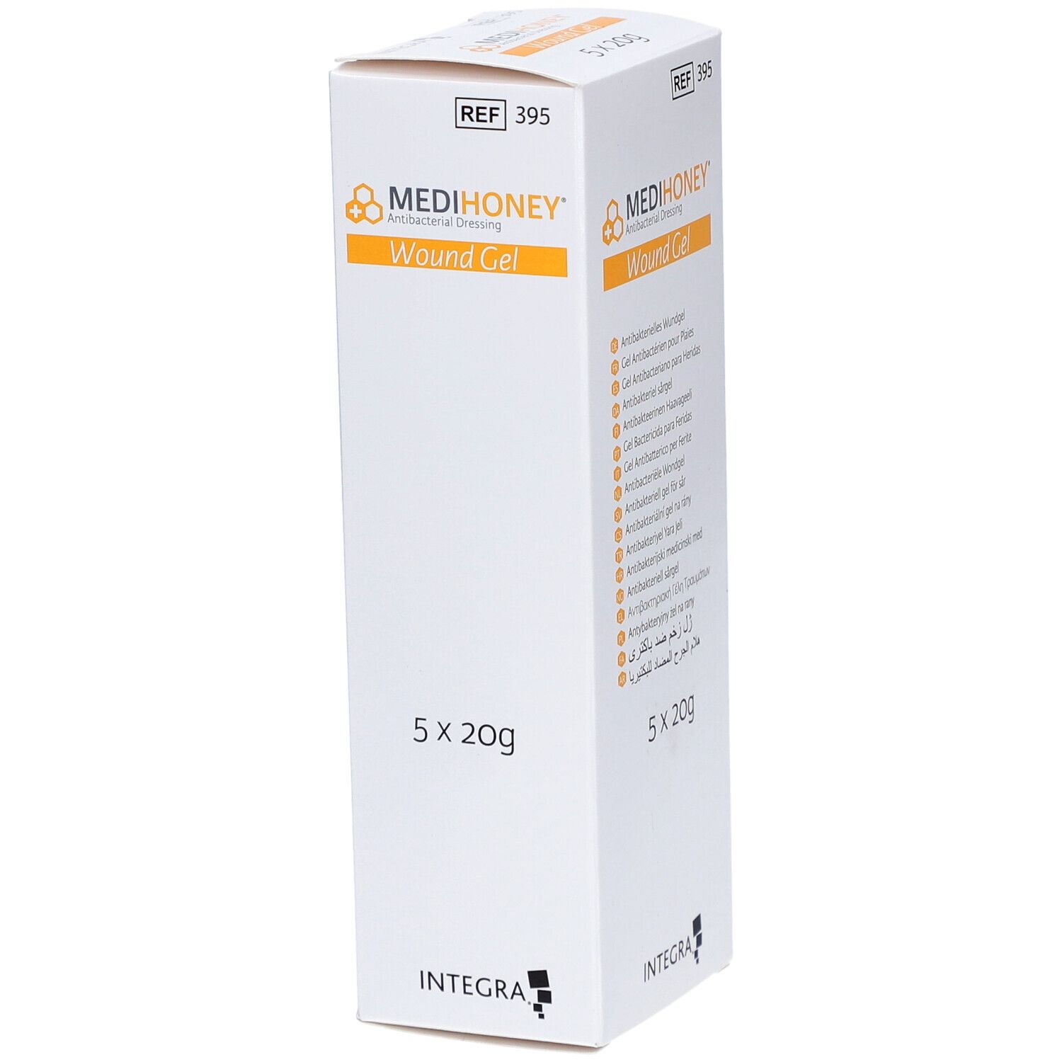 Weiße Verpackung mit MEDIHONEY® Logo und "Wound Gel". Enthält 5 x 20g. Aufschrift "INTEGRA".