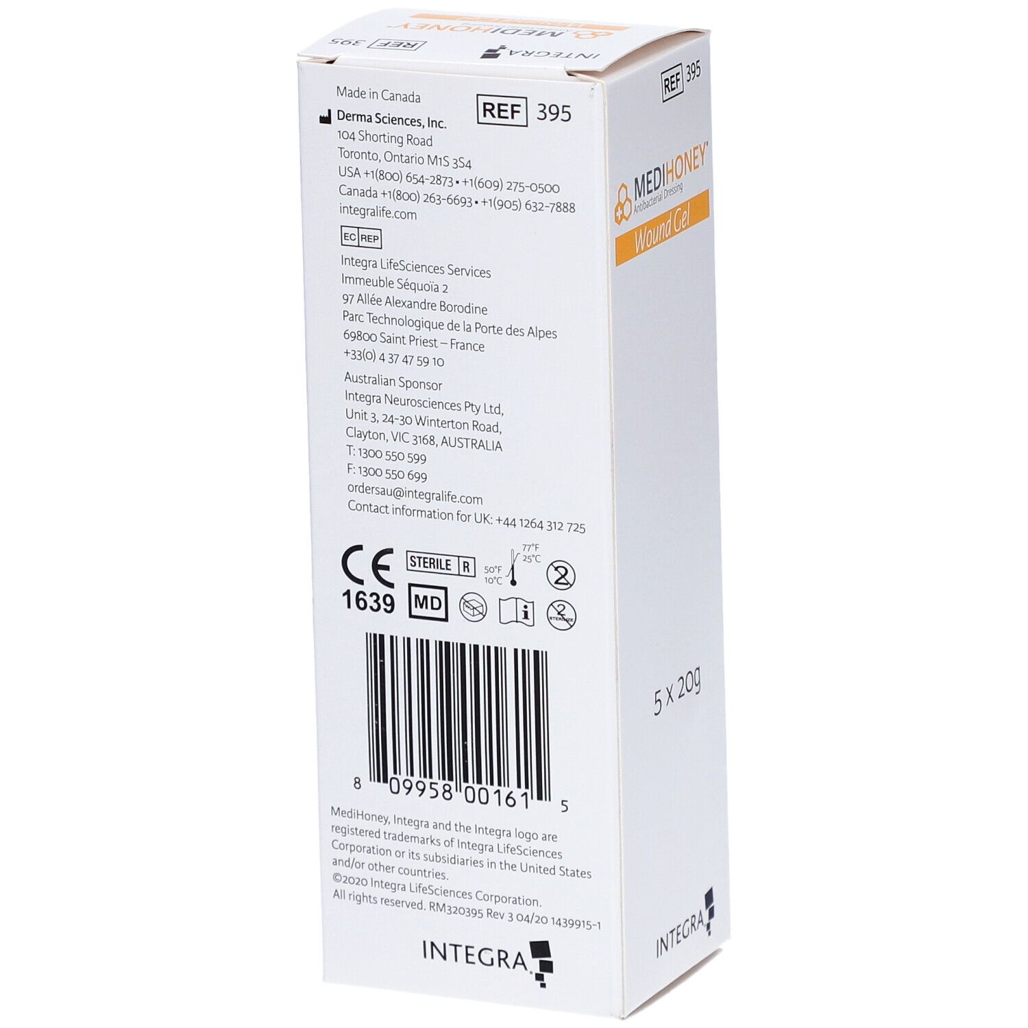 Rückseite der weißen Verpackung mit Adress- und Herstellerinformationen. Enthält CE-Kennzeichnung und Steril-Symbol.