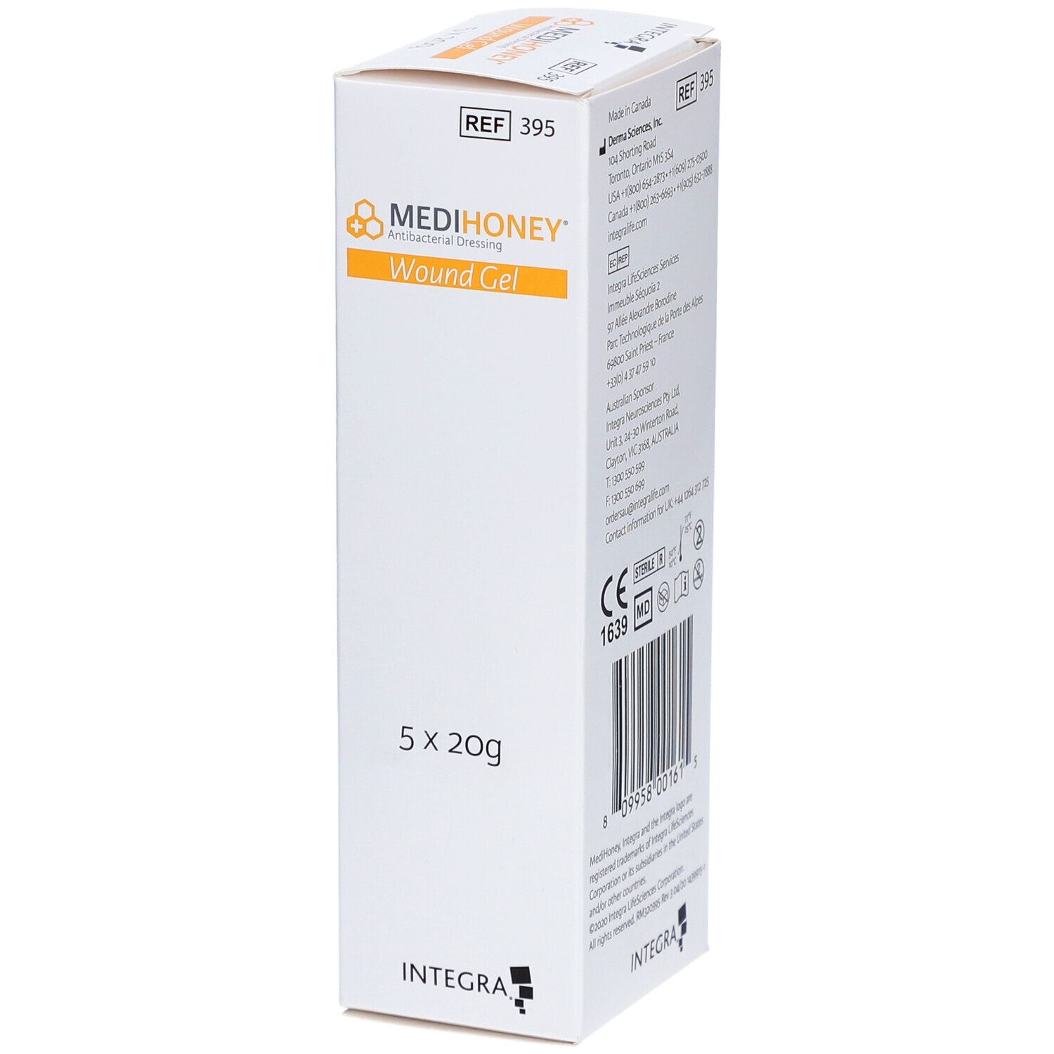 Weiße Verpackung mit MEDIHONEY® Logo und "Wound Gel". Enthält 5 x 20g. CE-Kennzeichnung sichtbar.