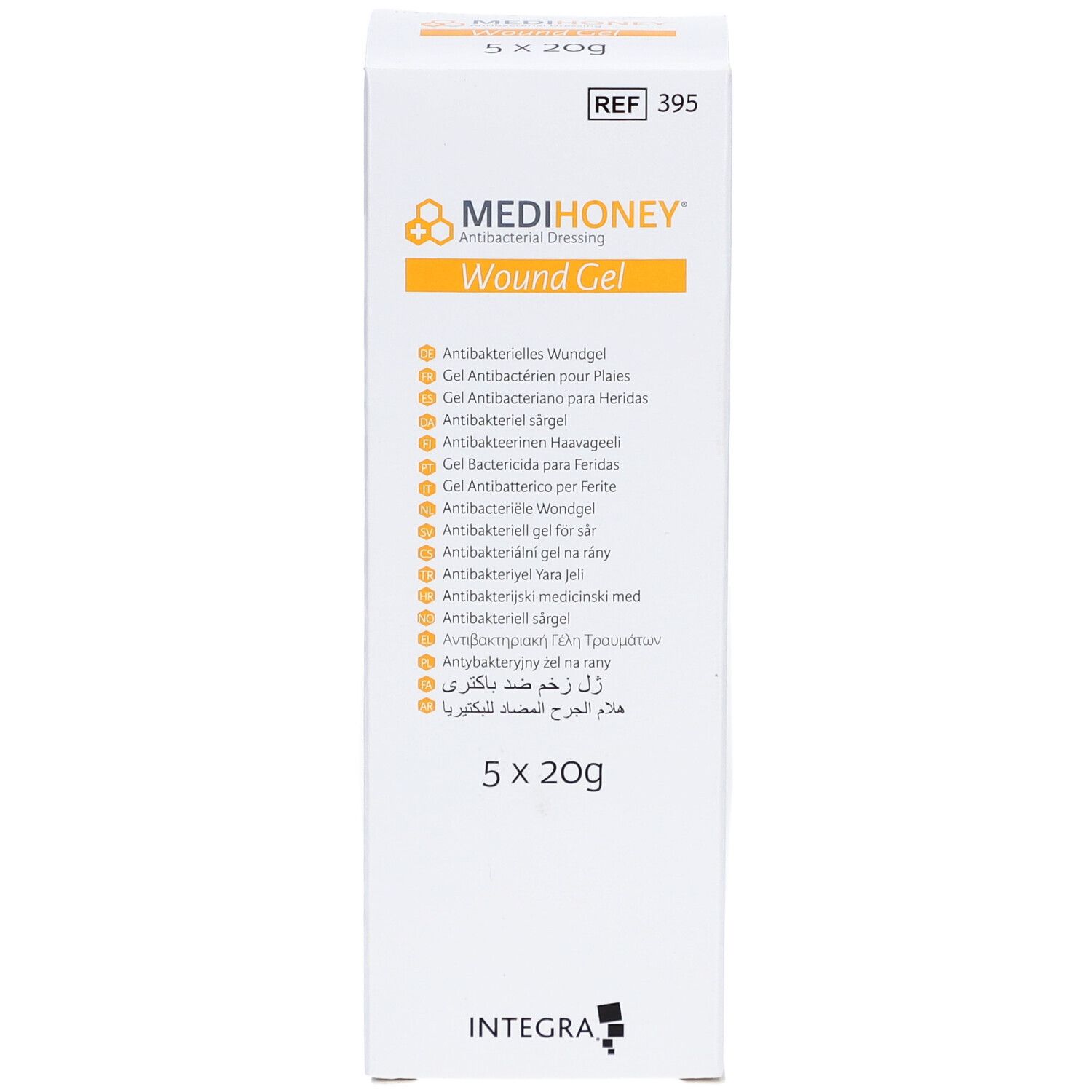 Weiße Verpackung mit MEDIHONEY® Logo und "Wound Gel". Enthält 5 x 20g. Mehrsprachige Auflistung.