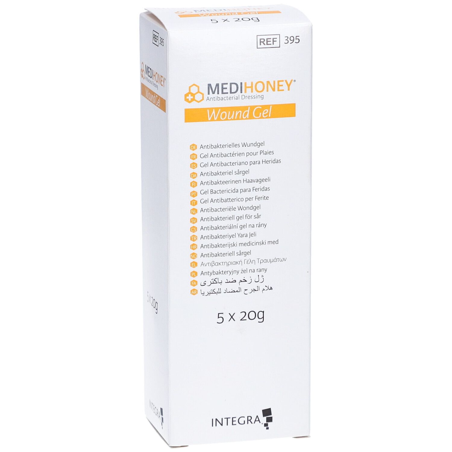 Weiße Verpackung mit MEDIHONEY® Logo und "Wound Gel". Enthält 5 x 20g. Mehrsprachige Auflistung.