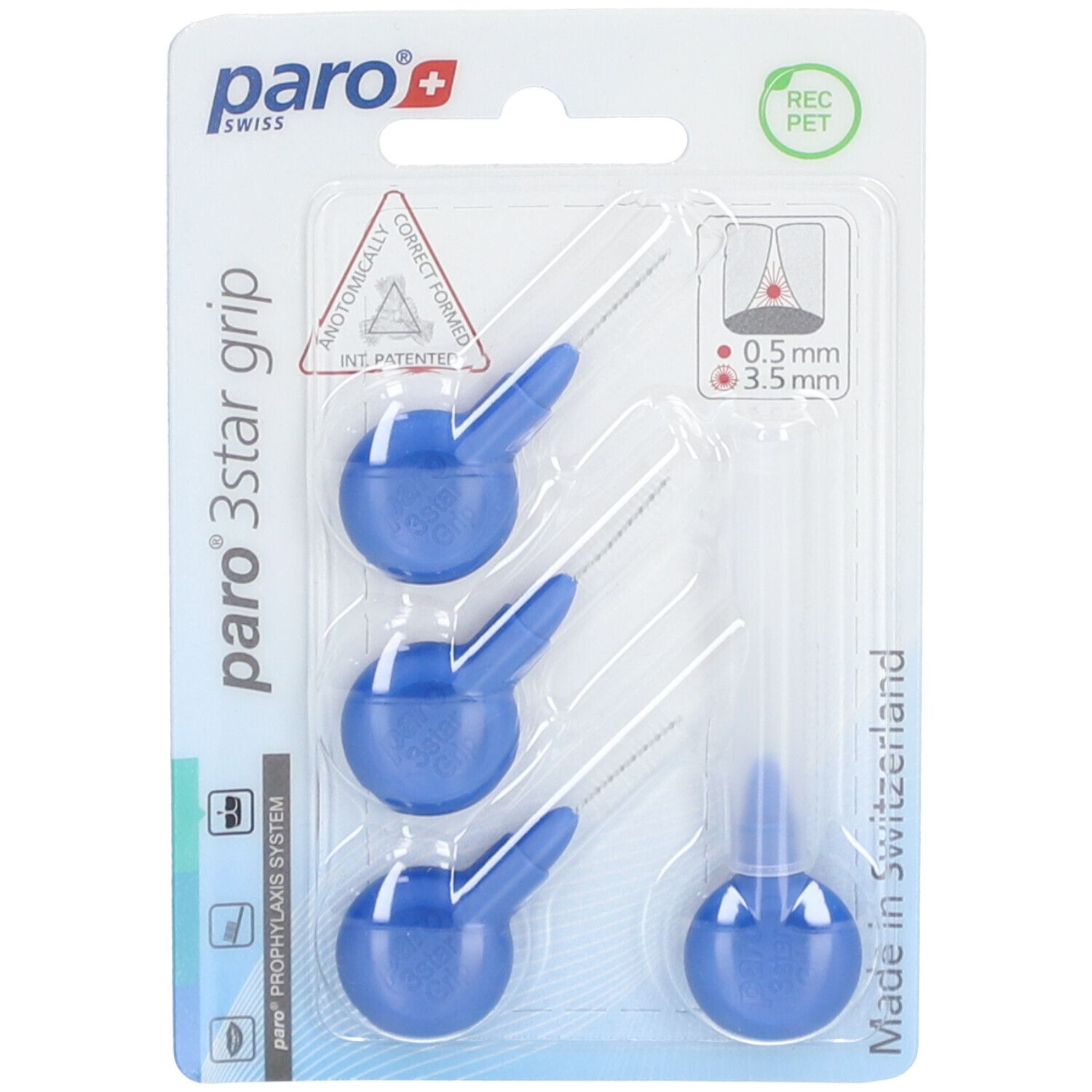 Blisterverpakking met drie blauwe interdentale borstels. 3-ster-grip handvatten. 3,5 mm borstelkop. "paro" logo.