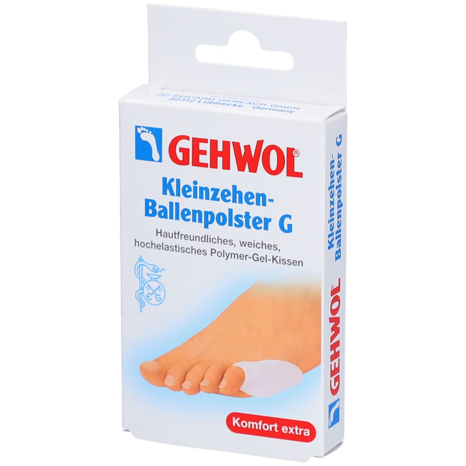Verpackung von GEHWOL Kleinzehen-Ballenpolster G. Produktabbildung zeigt Fuß mit Polster. Text: Komfort extra.