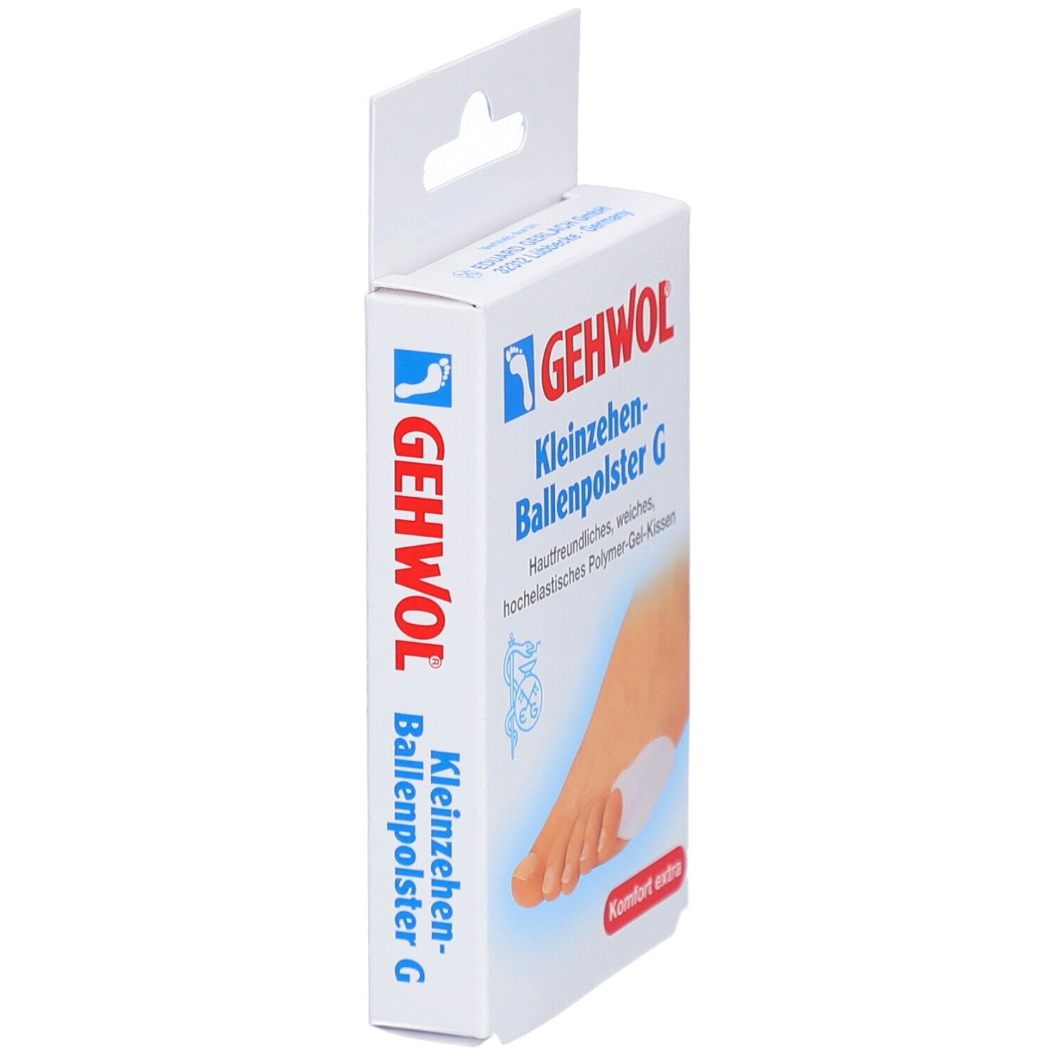 Seitenansicht der Verpackung von GEHWOL Kleinzehen-Ballenpolster G. Produktname und Logo deutlich sichtbar.