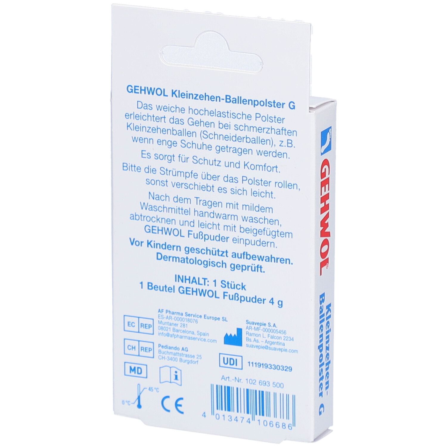 Rückseite der Verpackung von GEHWOL Kleinzehen-Ballenpolster G. Textinformationen und Inhaltsangabe.