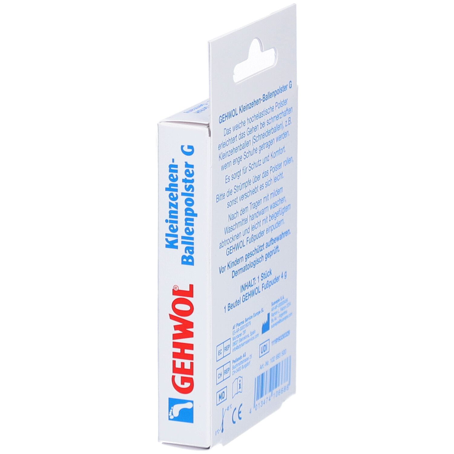 Seitenansicht der Verpackung von GEHWOL Kleinzehen-Ballenpolster G. Produktname und Logo deutlich sichtbar.