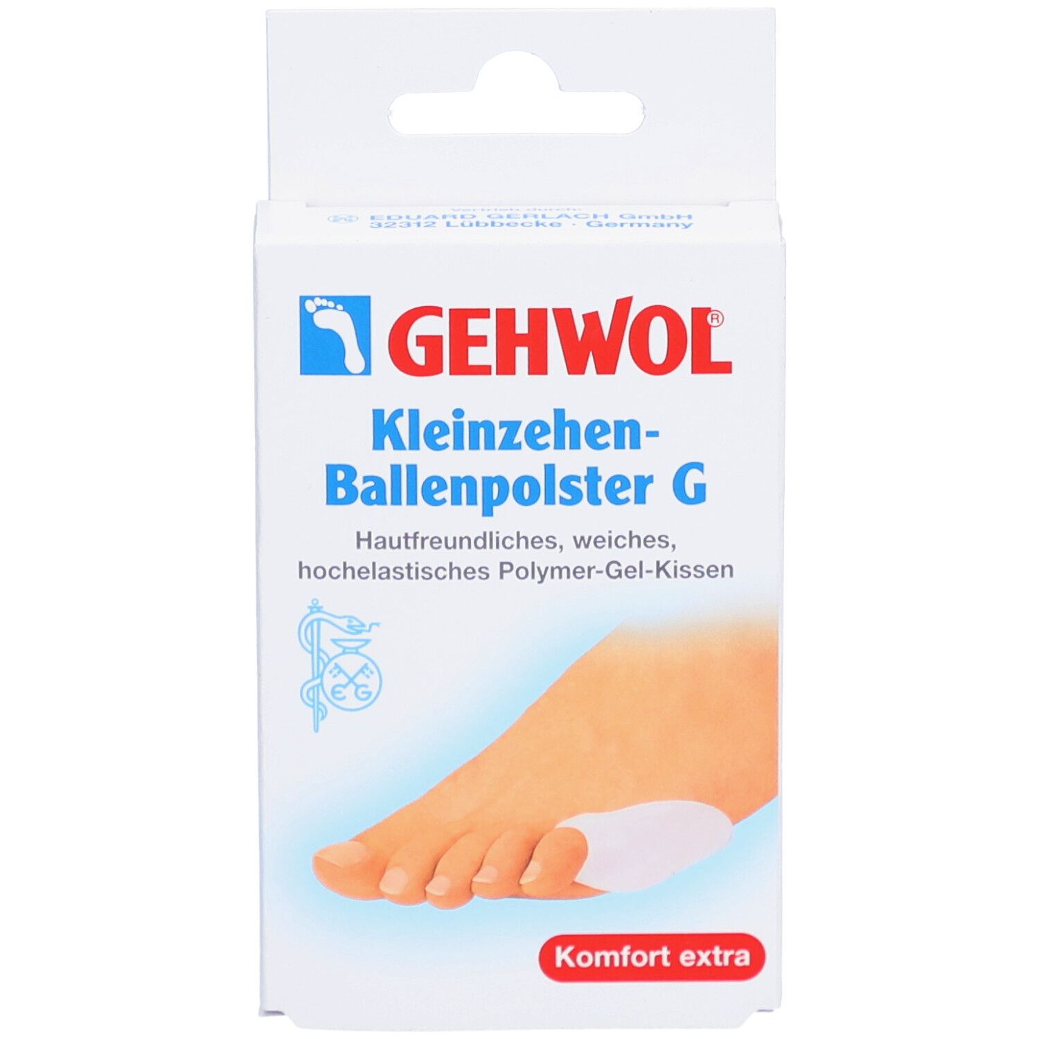 Verpackung von GEHWOL Kleinzehen-Ballenpolster G. Produktabbildung zeigt Fuß mit Polster. Text: Komfort extra.