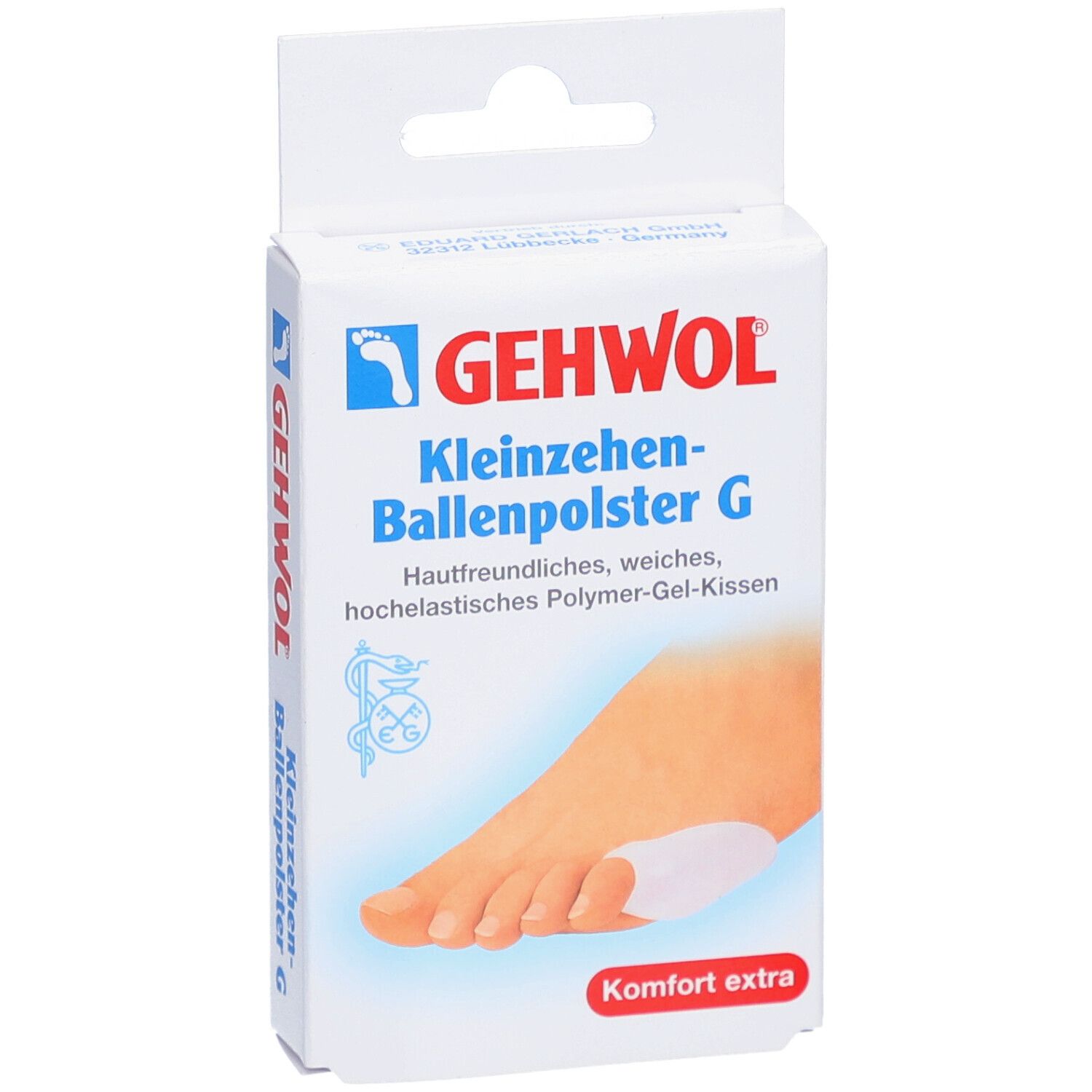 Verpackung von GEHWOL Kleinzehen-Ballenpolster G. Produktabbildung zeigt Fuß mit Polster. Text: Komfort extra.