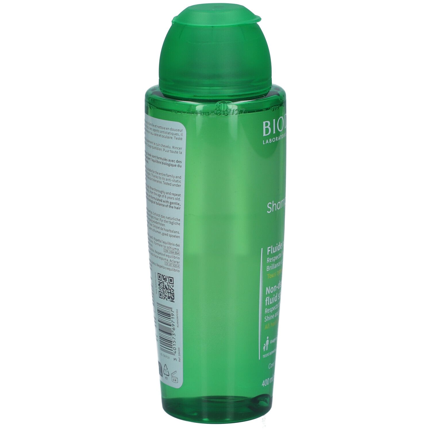 Rückseite der grünen Shampoo-Flasche. Text und QR-Code auf dem Etikett. Klappverschluss oben.