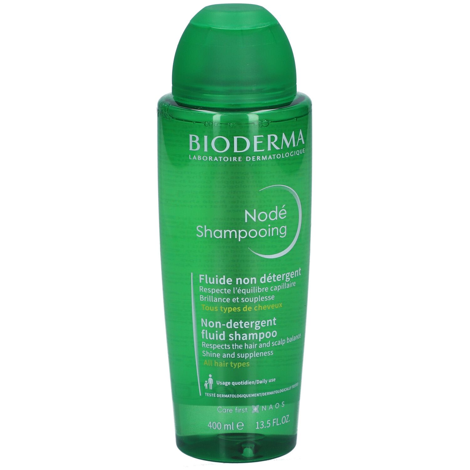 Grüne Shampoo-Flasche. Aufschrift: BIODERMA, Nodé Shampooing. Flasche mit Klappverschluss. 400 ml.