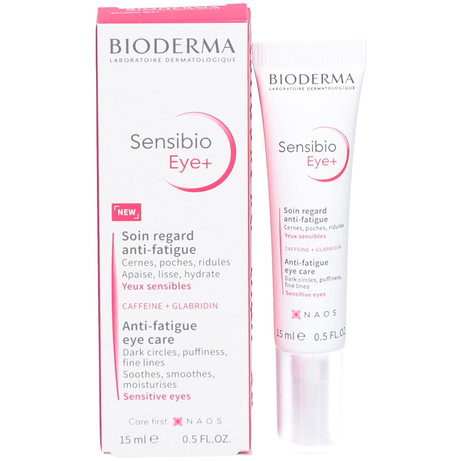 Produit et emballage. Tube blanc et boîte rose. Nom et logo du produit visibles.