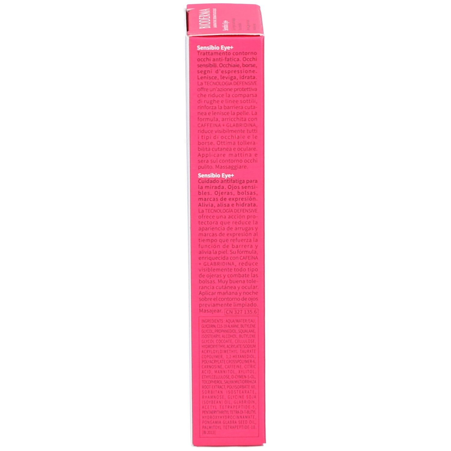 Boîte rose. Texte en plusieurs langues. Contient des informations sur le produit.