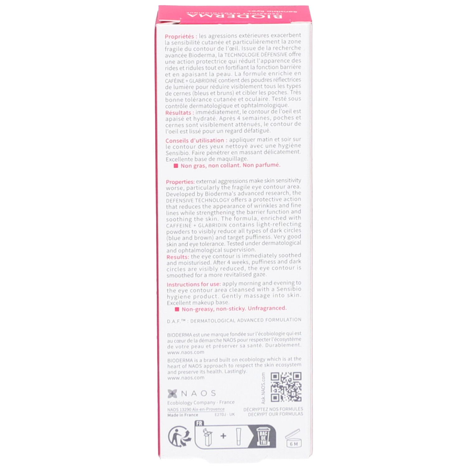 Dos de la boîte rose. Texte en plusieurs langues. Contient des informations sur le produit.