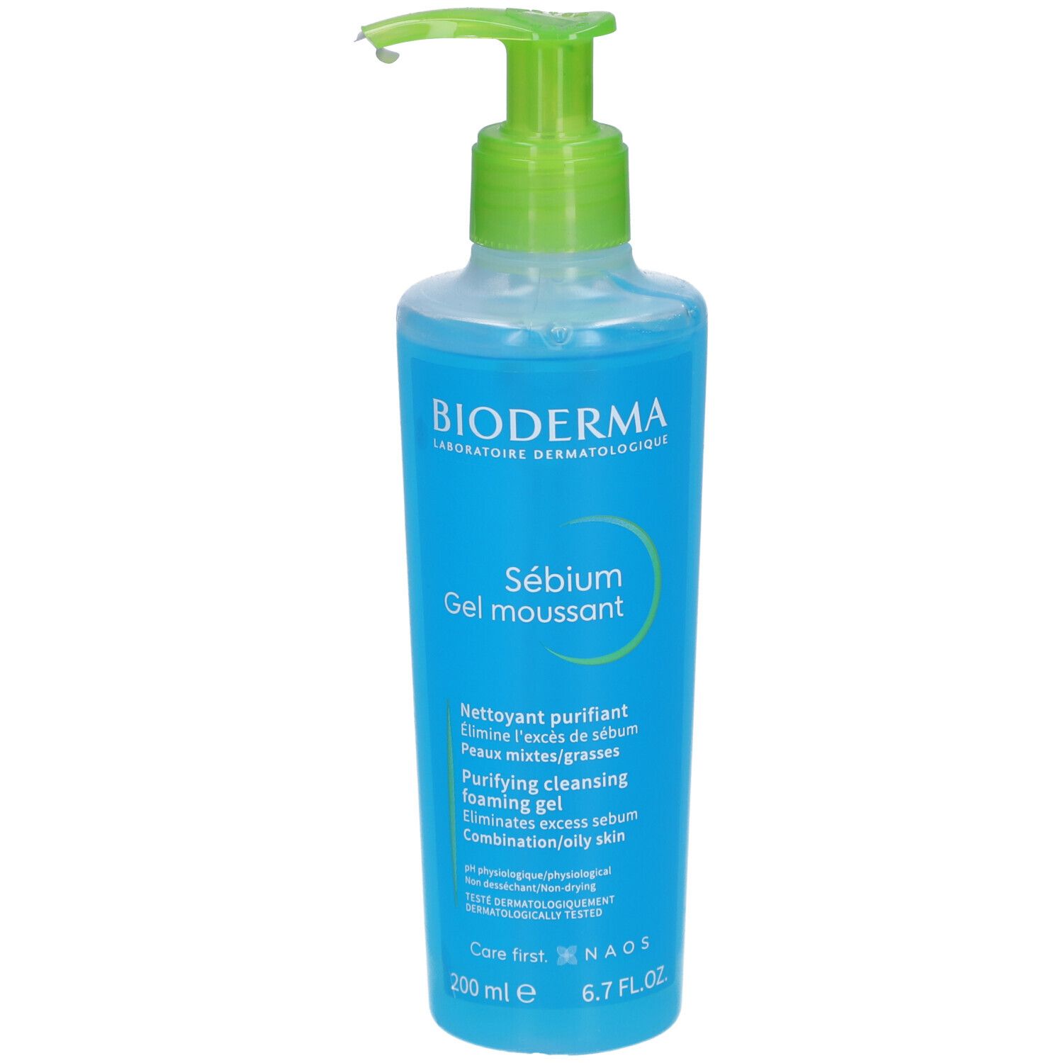 Flacon bleu transparent avec pompe verte. Inscription: BIODERMA, Sébium Gel moussant. Gel moussant nettoyant pour peaux mixtes/grasses.
