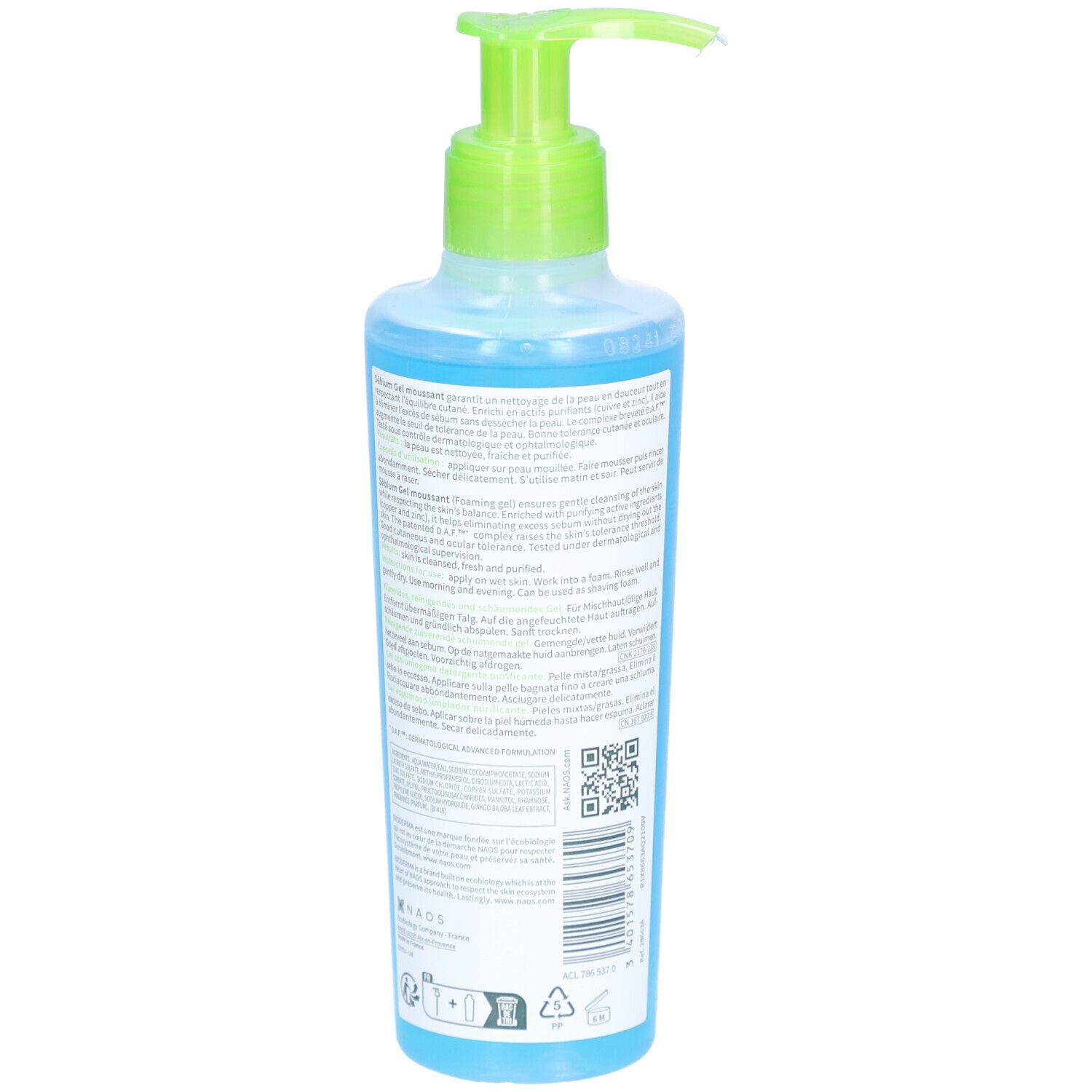 Vue arrière d'un flacon bleu avec pompe verte. Texte et code QR. Produit: BIODERMA Sébium Gel moussant. Pour peaux mixtes/grasses.