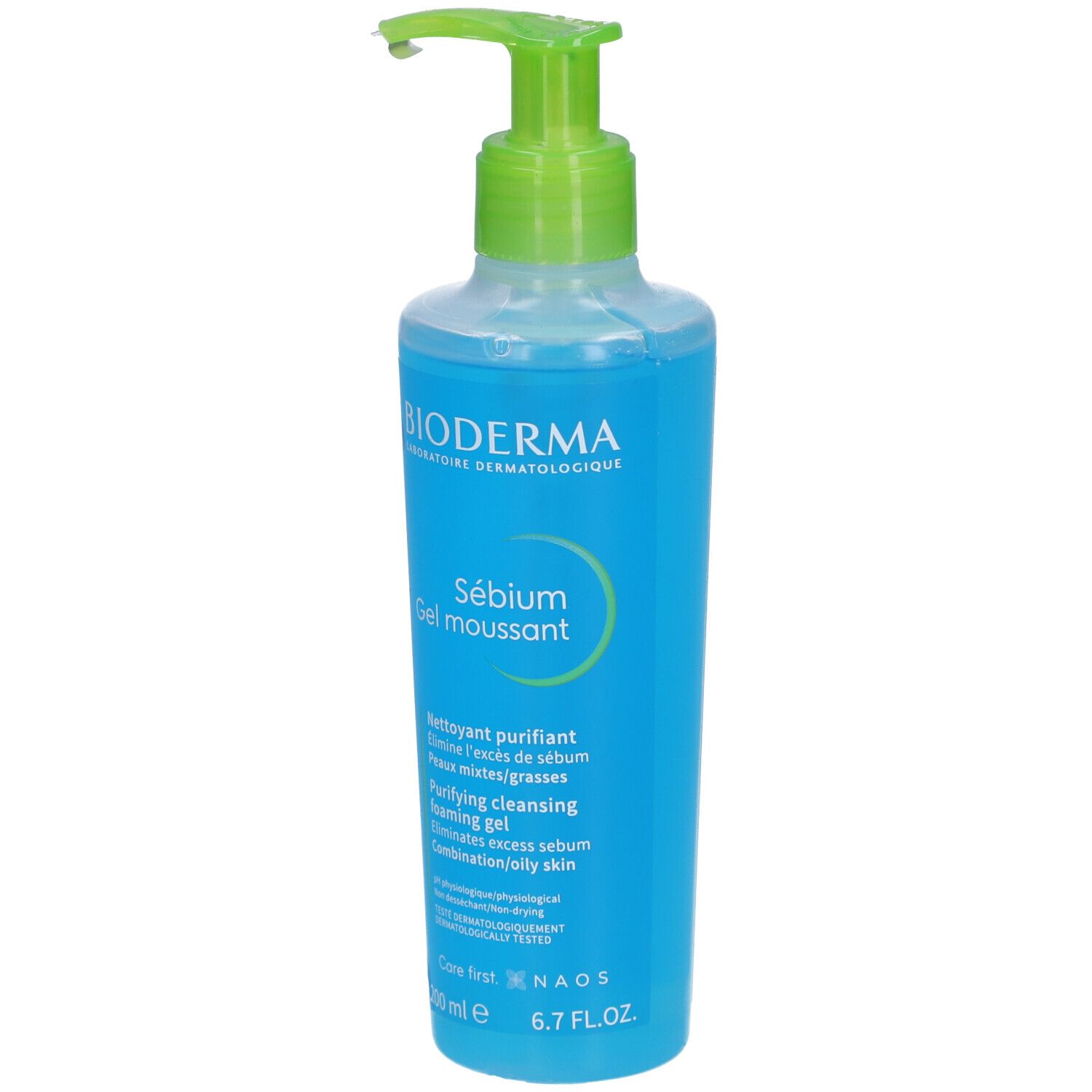Flacon bleu transparent avec pompe verte. Inscription: BIODERMA, Sébium Gel moussant. Gel moussant nettoyant pour peaux mixtes/grasses.