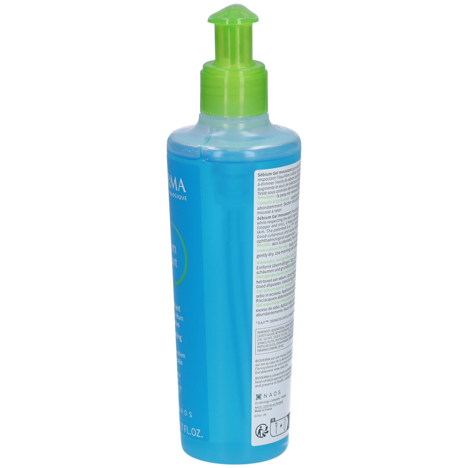 Vue arrière d'un flacon bleu avec pompe verte. Texte et code QR. Produit: BIODERMA Sébium Gel moussant. Pour peaux mixtes/grasses.