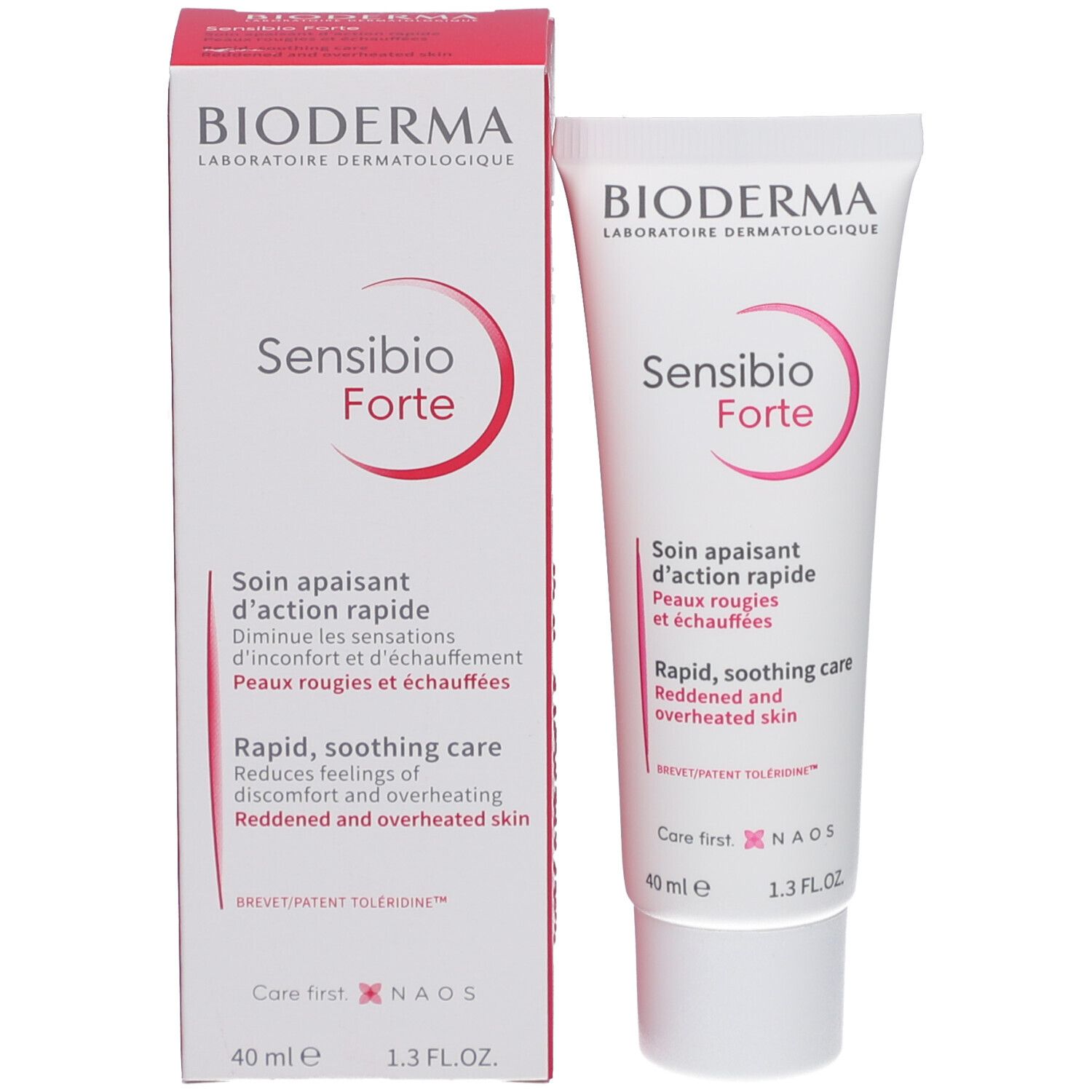 Produktverpackung mit Tube. Karton und Tube mit roter und weißer Schrift. Aufschrift: Bioderma Sensibio Forte.