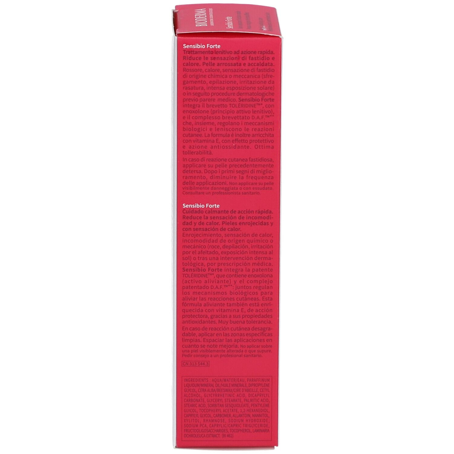 Rote Produktverpackung. Text in mehreren Sprachen. Aufschrift: Bioderma Sensibio Forte. Herstellerinformationen.
